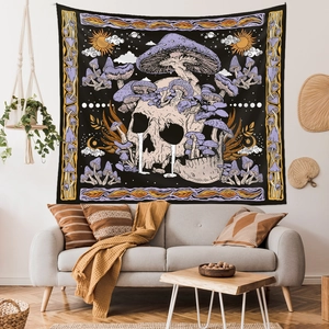 Skull and purple mushroom tapestry with astrology elements for bohemian wall decor