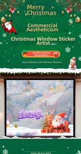 Detail of UV printed Christmas window stickers with Santa, reindeer and Merry Christmas text