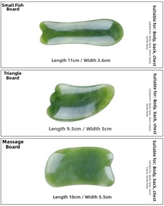 Three-piece green resin guasha set with fish and triangle shapes for facial massage