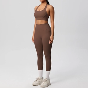 Detail view of deep brown brushed yoga set with high waist side pocket leggings