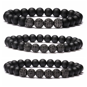 Men Beaded Bracelet Matte Black Agate With Micro Pave CZ Zirconia Disco Ball Elastic Hip Hop Jewelry