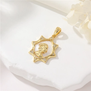 Golden starburst pendant with portrait relief and white mother of pearl inlay and small crystals