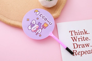 Detailed view of a purple fan-shaped ballpoint pen featuring a cute magic rabbit design
