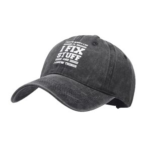 Vintage washed cotton baseball cap in dark grey with retro white printed slogan graphic