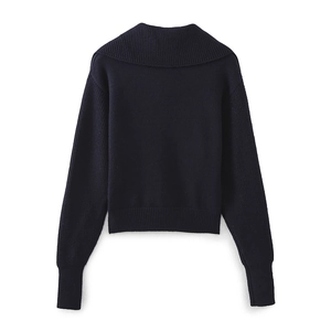 Navy blue chunky knit sweater with a large ribbed collar and oversized back design