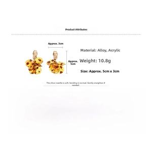 Detail view of acrylic leopard petal earrings with 5cm size and 10.8g weight specs