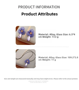 Detailed view of purple fabric flower earrings and teardrop glass necklace set