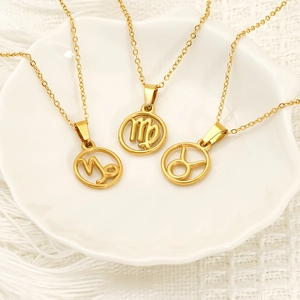 Gold plated titanium steel 12 zodiac pendant necklace with hollow circular design
