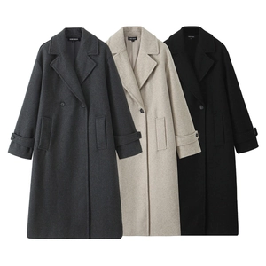 Manteau Long En Laine Pour Femmes Double Boutonnage Col À Revers Coupe Ample Couleur Unie Pardessus D'hiver