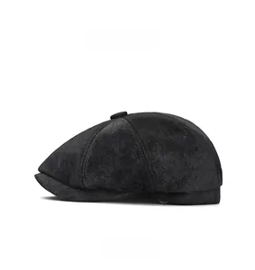Side view of classic black octagonal beret with suede texture and paneled design