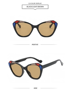 Detail of cat-eye sunglasses featuring color-block geometric patterns on black frames
