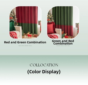 Dettaglio di tende natalizie in velluto rosso e verde con cuscini decorativi coordinati