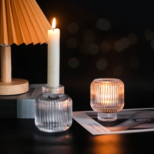 Ribbed Glass Candle Holder Dual Headed Design For Taper And Tea Light Candle Nordic Style Home Decorative Wedding Centerpiece