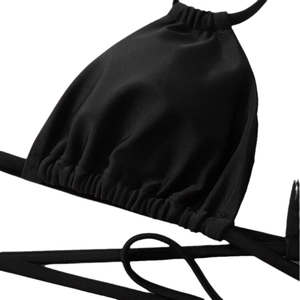 Three-piece solid black bikini set with drawstring triangle top and halter ties