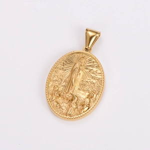 Detailed relief of Fatima Virgin Mary on gold stainless steel pendant with sunburst rays