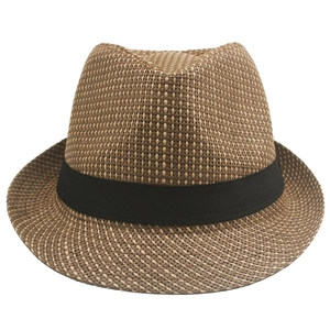 Chapeau fedora en paille marron pour hommes avec ruban noir et bord incurvé