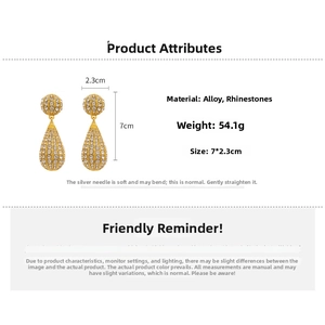Detailed size specifications for gold teardrop earrings with crystals and silver pins
