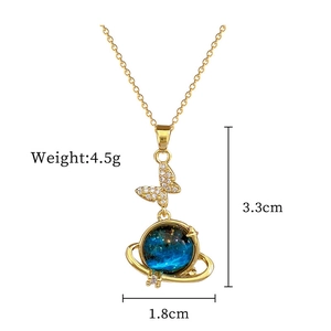Titanium steel planet necklace with micro-pave butterfly pendant and blue nebula disk