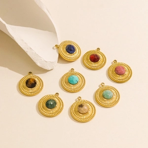 Set of eight vintage sunburst natural stone pendants with gold-plated metal settings