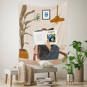 Detail of bohemian wall tapestry featuring a Matisse art style illustration for room decor