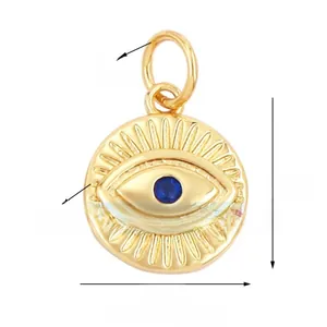 Detailed view of evil eye lucky charm pendant with blue zircon inlay and dimensions