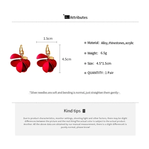 Detailed dimension chart for red matte flower tassel earrings with rhinestone accents