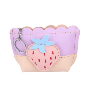 Cute strawberry coin purse with purple and pink patchwork and silver keychain hook