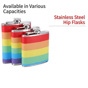 Portable stainless steel hip flask featuring colorful rainbow stripes and a secure screw cap