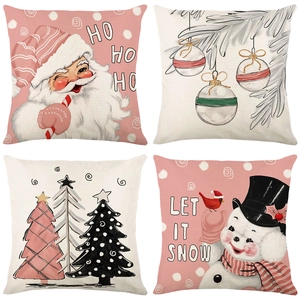 Christmas Cushion Cover Polyester Linen Blend Cartoon Santa Snowman Printed Square Pillowcase Home Sofa Decor Pink White