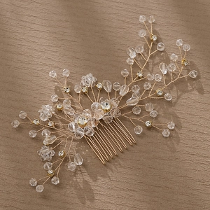 Elegante peine de novia dorado con cuentas de cristal y diamantes de imitación hechos a mano
