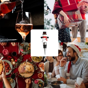 Detailed view of snowman wine stopper with festive Christmas dinner and party scenes
