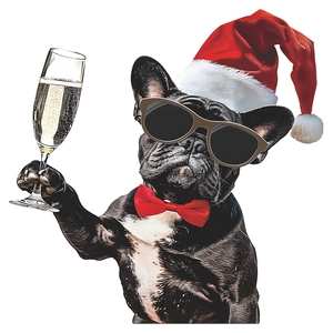 Christmas french bulldog wall sticker wearing Santa hat and holding a glass of champagne