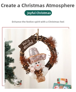 Close-up of Feliz Navidad wooden plaque on a rustic Christmas wreath with a plush snowman