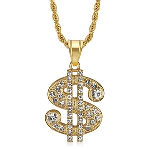 Collana hip hop placcata oro con ciondolo a segno del dollaro con diamanti ghiacciati