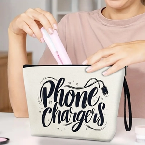 Cream canvas pouch for phone chargers with black zipper and printed digital accessory logo