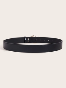 Close-up of black faux leather belt with silver rhinestone buckle and double metal eyelets