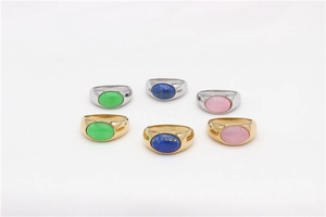 Set of six chunky oval gemstone rings in gold and silver finish with colorful cabochons