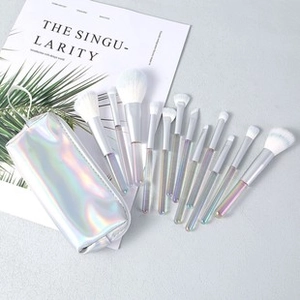 Close-up of 10 gradient handle makeup brushes with a silver laser pouch on a magazine