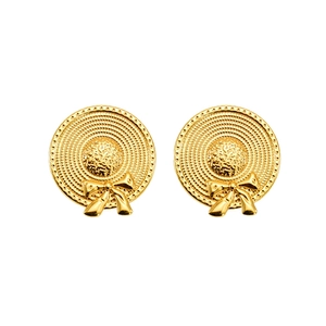 Vintage gold bow earrings with sun hat shape and woven texture on a white background