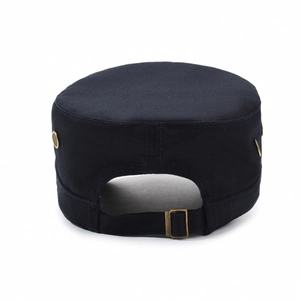 Men's navy blue cotton flat top military cap with adjustable bronze metal buckle
