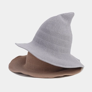 Knitted pointed witch hats in grey and brown with wide wavy brims for women's fashion