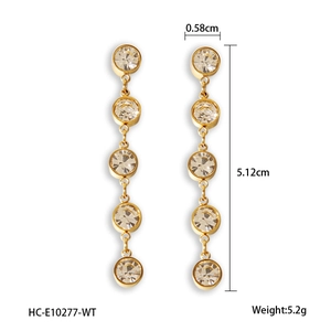 Detailed view of 18K gold tassels with white crystals and dimensions for long earrings