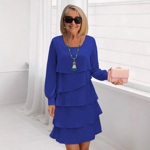 Abito da donna blu scuro a maniche lunghe a balze con scollo rotondo e gonna a strati