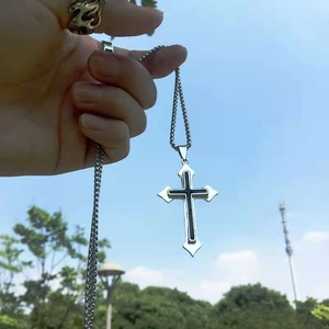 Hip hop silver cross pendant necklace with black enamel center for men and women