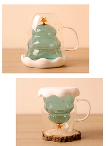 Detail of Christmas tree double wall glass mug with snowflake patterns and silicone lid