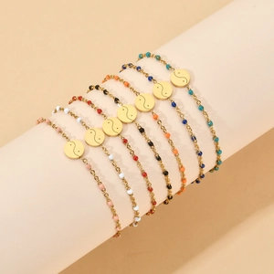 Bohemian gold stainless steel bracelets with Yin Yang charms and colorful beads set of 7