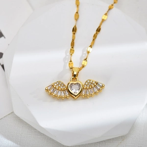 Chic heart and angel wing pendant necklace in gold finish with clear zircon stones