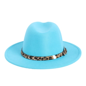 Chapeau fedora en laine bleue avec ruban léopard et boucle métallique pour hommes et femmes