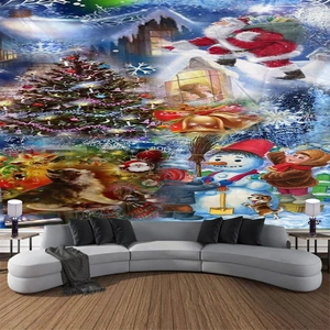 Detail of Christmas wall tapestry featuring Santa and festive scenes in a modern living room