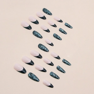 Faux ongles amande vert foncé style français avec paillettes et forme longue élégante